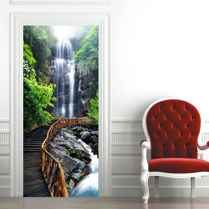 coloribbon peel and stick pvc 3d waterfall and beige bridge door sticker for living room