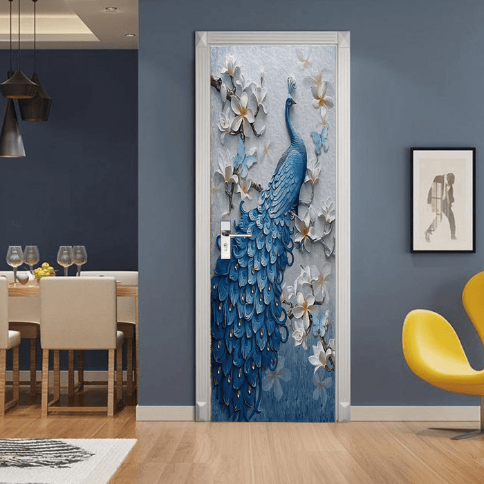 Decorative Peel and Stick 3D PVC Blue Peacock Door Sticker - Coloribbon
