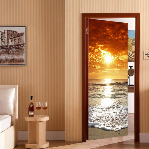 3D Sunset Beach door sticker mural